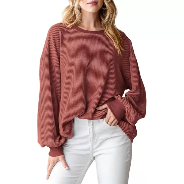 PRETTYGARDEN Womens Long Sleeve Tee Shirts Fall Trendy Clothes Casual Loose Crewneck Ribbed Blouse Tunic TopsBrick Red