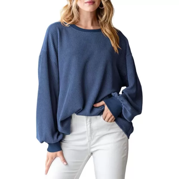 PRETTYGARDEN Womens Long Sleeve Tee Shirts Fall Trendy Clothes Casual Loose Crewneck Ribbed Blouse Tunic TopsDark Blue