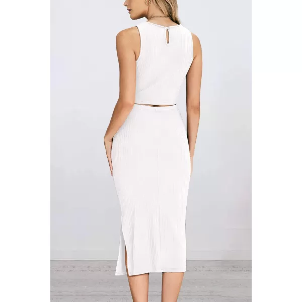 imagePRETTYGARDEN Womens 2 Piece Summer Outfits Crewneck Tank Tops Split Bodycon Midi Skirt SetWhite