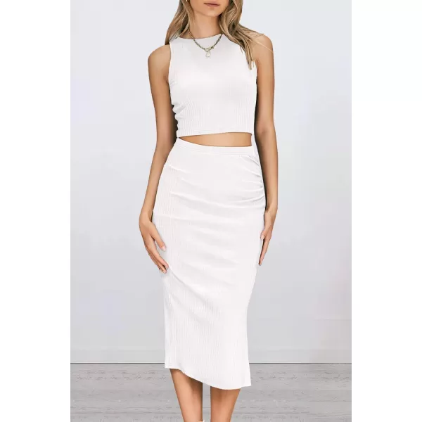 imagePRETTYGARDEN Womens 2 Piece Summer Outfits Crewneck Tank Tops Split Bodycon Midi Skirt SetWhite