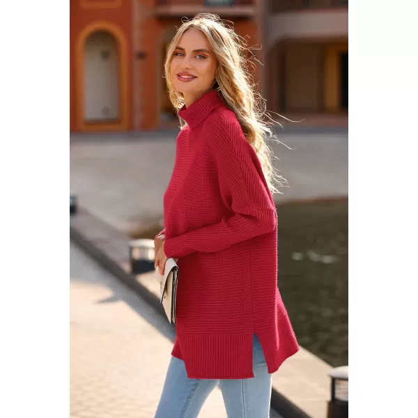 imagePRETTYGARDEN Womens Fall Oversized Turtleneck Sweater Casual Long Sleeve Chunky Knit Pullover Winter Tops BlouseRed