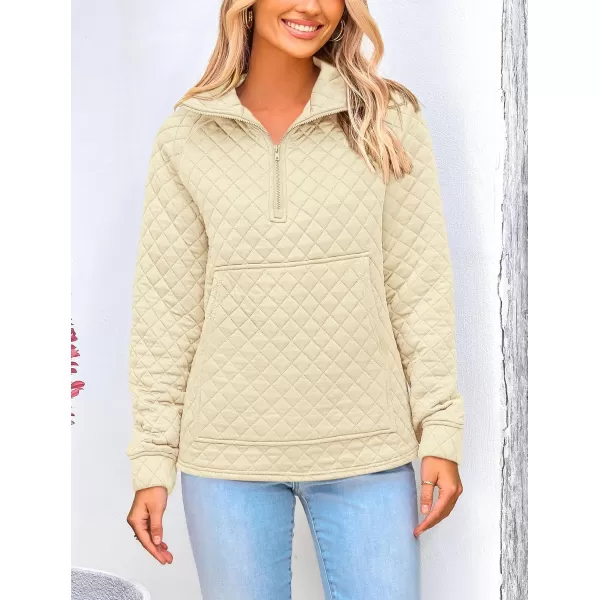 imagePRETTYGARDEN Womens Fall Quilted Sweatshirt Casual Quarter Zip Collared Long Sleeve V Neck Pullover TopsBeige