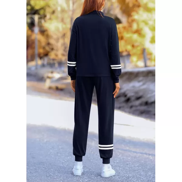 imagePRETTYGARDEN Womens 2 Piece Outfits Fall Fashion 2024 Striped 14 Zip Pullover Tops Long Sweatpants Tracksuit SetsNavy