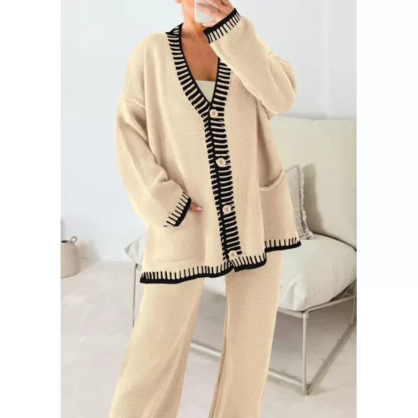 imagePRETTYGARDEN Womens 2 Piece Outfits Knit Matching Lounge Sets Long Sleeve V Neck Cardigan Sweaters Wide Leg Pants TracksuitsBeige