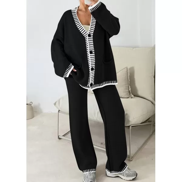 imagePRETTYGARDEN Womens 2 Piece Outfits Knit Matching Lounge Sets Long Sleeve V Neck Cardigan Sweaters Wide Leg Pants TracksuitsBlack