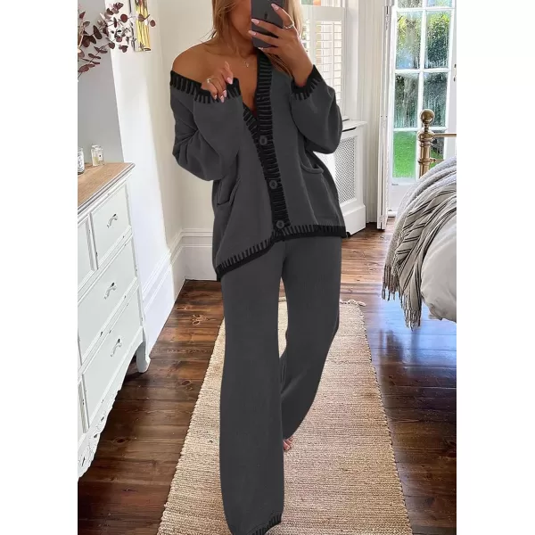 imagePRETTYGARDEN Womens 2 Piece Outfits Knit Matching Lounge Sets Long Sleeve V Neck Cardigan Sweaters Wide Leg Pants TracksuitsDark Grey