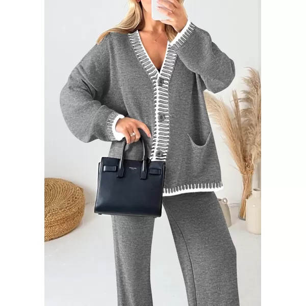 imagePRETTYGARDEN Womens 2 Piece Outfits Knit Matching Lounge Sets Long Sleeve V Neck Cardigan Sweaters Wide Leg Pants TracksuitsGrey