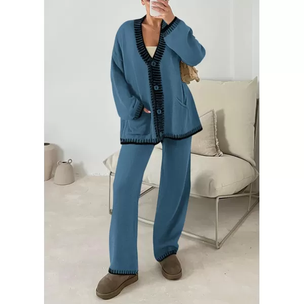 imagePRETTYGARDEN Womens 2 Piece Outfits Knit Matching Lounge Sets Long Sleeve V Neck Cardigan Sweaters Wide Leg Pants TracksuitsGrey Blue