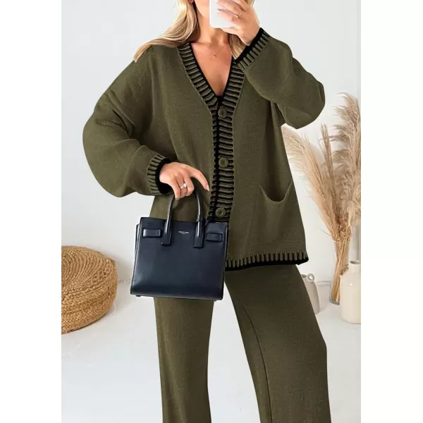 imagePRETTYGARDEN Womens 2 Piece Outfits Knit Matching Lounge Sets Long Sleeve V Neck Cardigan Sweaters Wide Leg Pants TracksuitsKhaki Green