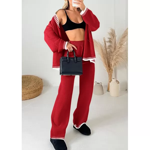 imagePRETTYGARDEN Womens 2 Piece Outfits Knit Matching Lounge Sets Long Sleeve V Neck Cardigan Sweaters Wide Leg Pants TracksuitsRed