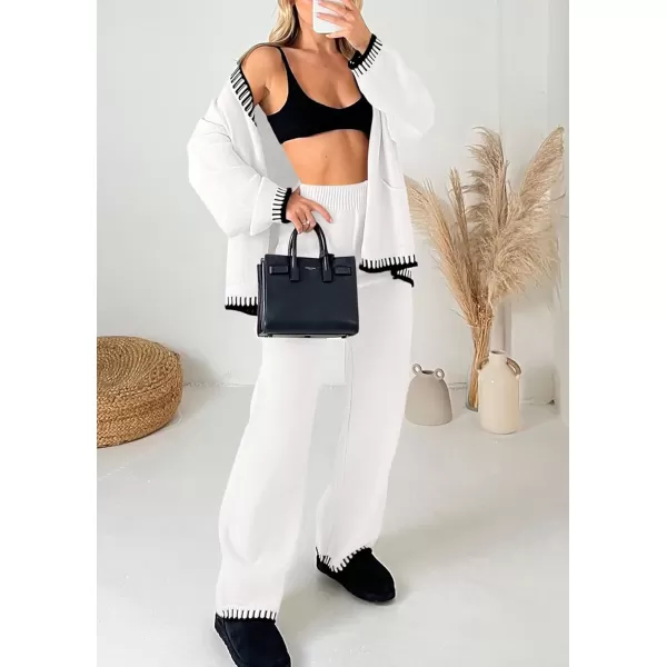imagePRETTYGARDEN Womens 2 Piece Outfits Knit Matching Lounge Sets Long Sleeve V Neck Cardigan Sweaters Wide Leg Pants TracksuitsWhite