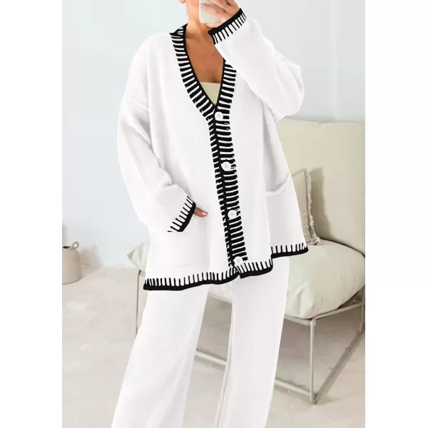 imagePRETTYGARDEN Womens 2 Piece Outfits Knit Matching Lounge Sets Long Sleeve V Neck Cardigan Sweaters Wide Leg Pants TracksuitsWhite