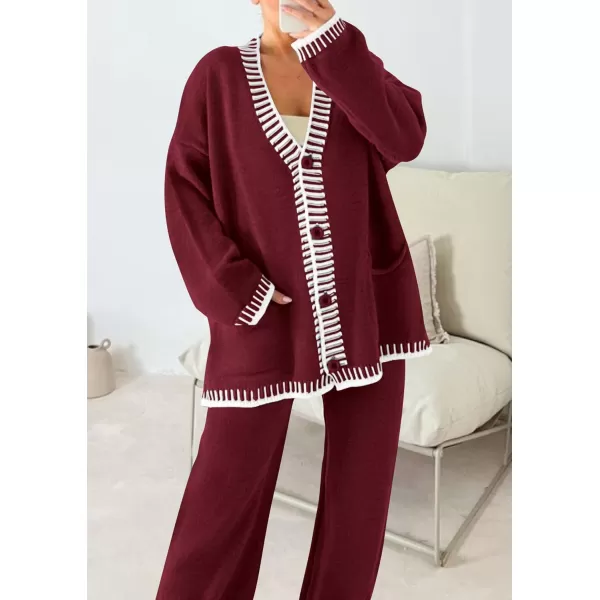 imagePRETTYGARDEN Womens 2 Piece Outfits Knit Matching Lounge Sets Long Sleeve V Neck Cardigan Sweaters Wide Leg Pants TracksuitsWine Red