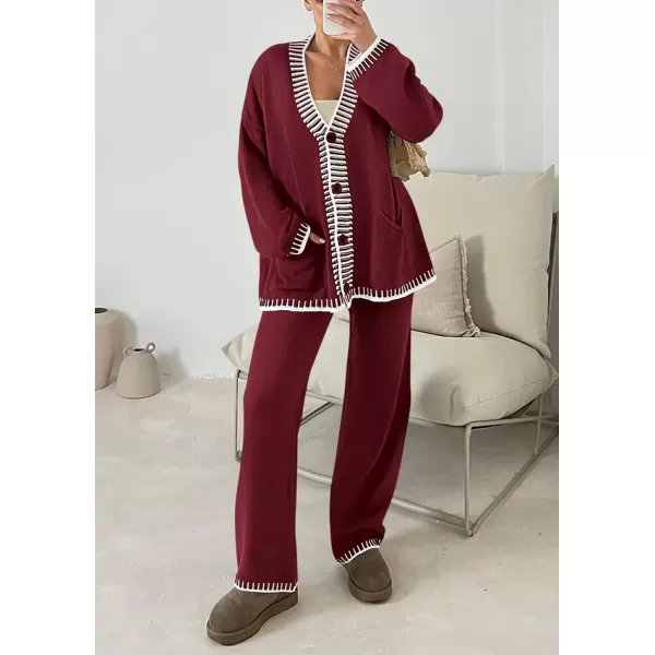 imagePRETTYGARDEN Womens 2 Piece Outfits Knit Matching Lounge Sets Long Sleeve V Neck Cardigan Sweaters Wide Leg Pants TracksuitsWine Red