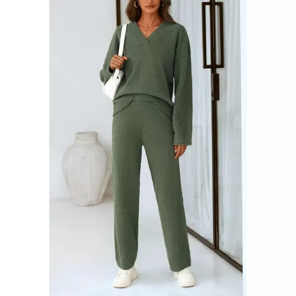 imagePRETTYGARDEN Womens 2 Piece Pullover Sweater Set Oversized V Neck Top Wide Leg Pants Fall Winter Fuzzy Lounge OutfitArmy Green