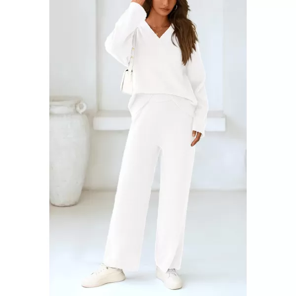 imagePRETTYGARDEN Womens 2 Piece Pullover Sweater Set Oversized V Neck Top Wide Leg Pants Fall Winter Fuzzy Lounge OutfitWhite