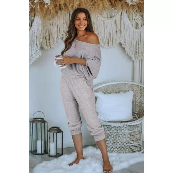 imagePRETTYGARDEN Womens 2 Piece Ribbed Tracksuit Outfits Off Shoulder Long Sleeve Pullover Lounge Pants with PocketsLight Grey