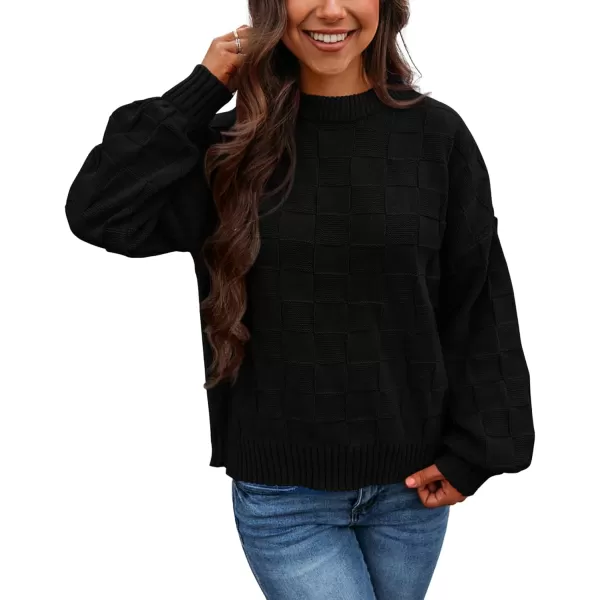 imagePRETTYGARDEN Womens 2024 Fall Long Sleeve Crewneck Pullover Sweaters Loose Checkered Chunky Ribbed Knit Jumper TopsBlack