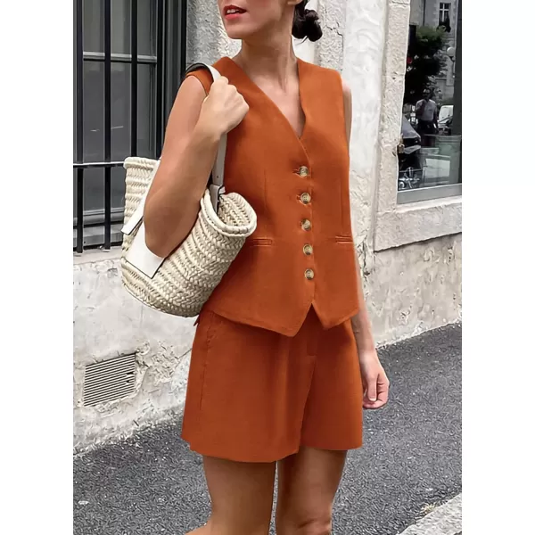 imagePRETTYGARDEN Womens Summer 2 Piece Outfits Sleeveless Matching Sets Button Down V Neck Vest Waistcoat and Pockets ShortsBrick Red