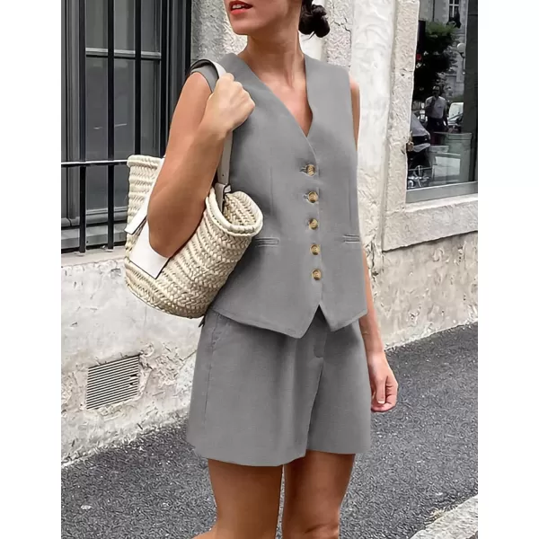 imagePRETTYGARDEN Womens Summer 2 Piece Outfits Sleeveless Matching Sets Button Down V Neck Vest Waistcoat and Pockets ShortsGrey