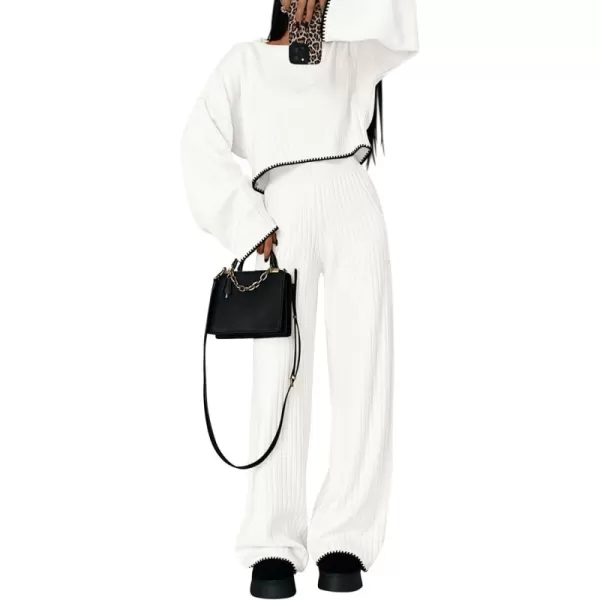 imagePRETTYGARDEN Womens 2 Piece Fall Outfits Long Sleeve Crop Top Wide Leg Pants Knit Pullover Sweater Lounge SetWhite
