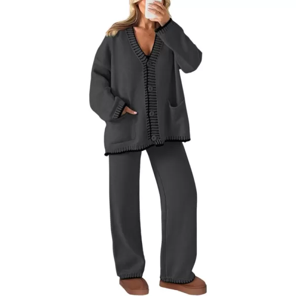 imagePRETTYGARDEN Womens 2 Piece Outfits Knit Matching Lounge Sets Long Sleeve V Neck Cardigan Sweaters Wide Leg Pants TracksuitsDark Grey