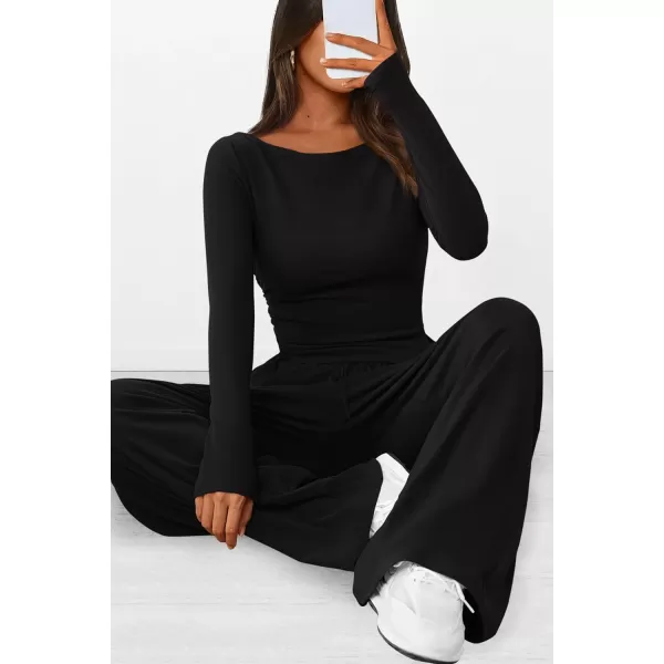 imagePRETTYGARDEN Womens 2 Piece Lounge Sets Asymmetrical Long Sleeve T Shirt Wide Leg Pants Casual Outfits TracksuitBlack