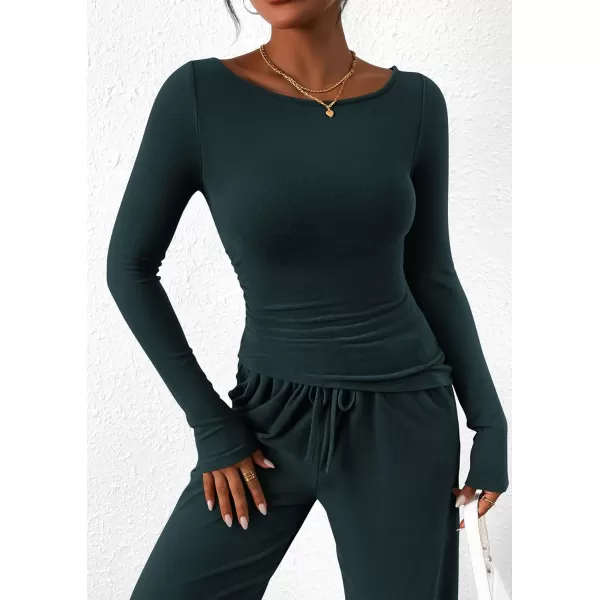 imagePRETTYGARDEN Womens 2 Piece Lounge Sets Asymmetrical Long Sleeve T Shirt Wide Leg Pants Casual Outfits TracksuitDark Blue