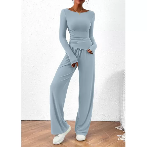 imagePRETTYGARDEN Womens 2 Piece Lounge Sets Asymmetrical Long Sleeve T Shirt Wide Leg Pants Casual Outfits TracksuitLight Blue