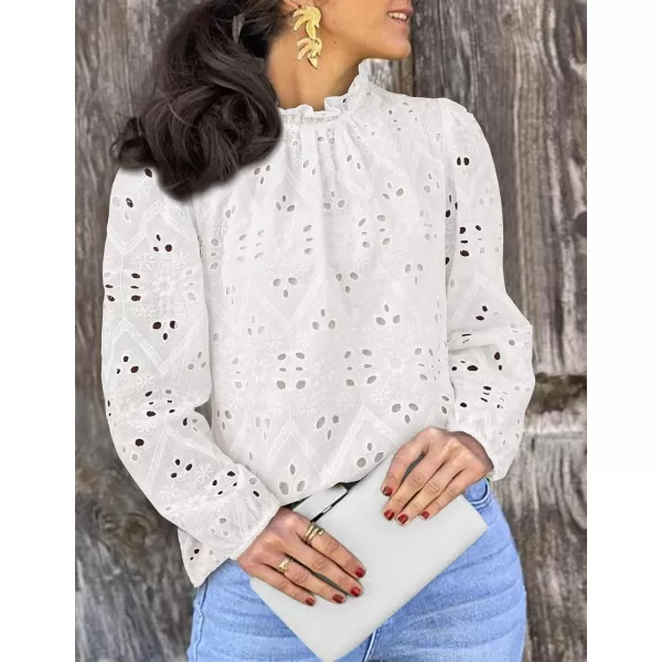 imagePRETTYGARDEN Womens Blouses Dressy Casual Embroidered Long Puff Sleeve Shirts Ruffle Eyelet Lace Top Fall ClothesWhite