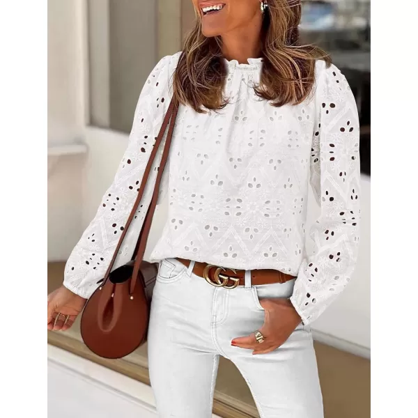 imagePRETTYGARDEN Womens Blouses Dressy Casual Embroidered Long Puff Sleeve Shirts Ruffle Eyelet Lace Top Fall ClothesWhite