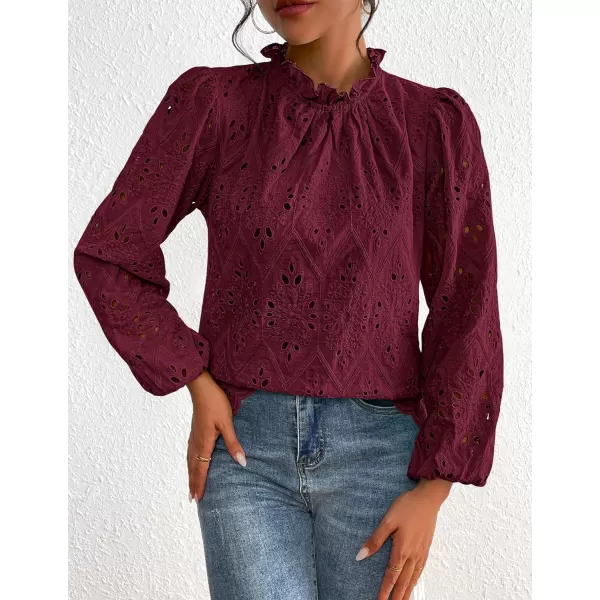 imagePRETTYGARDEN Womens Blouses Dressy Casual Embroidered Long Puff Sleeve Shirts Ruffle Eyelet Lace Top Fall ClothesWine Red