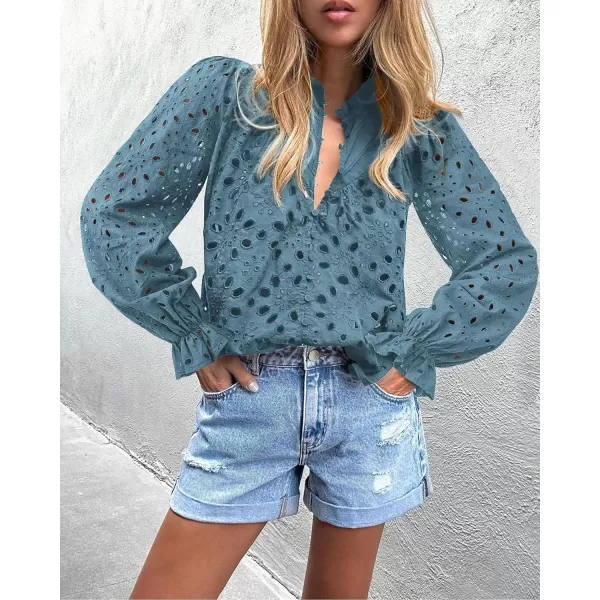 imagePRETTYGARDEN Womens Dressy Casual Blouse Tops Fall Puff Long Sleeve Button V Neck Hollow Out Lace Embroidered ShirtsMist Blue