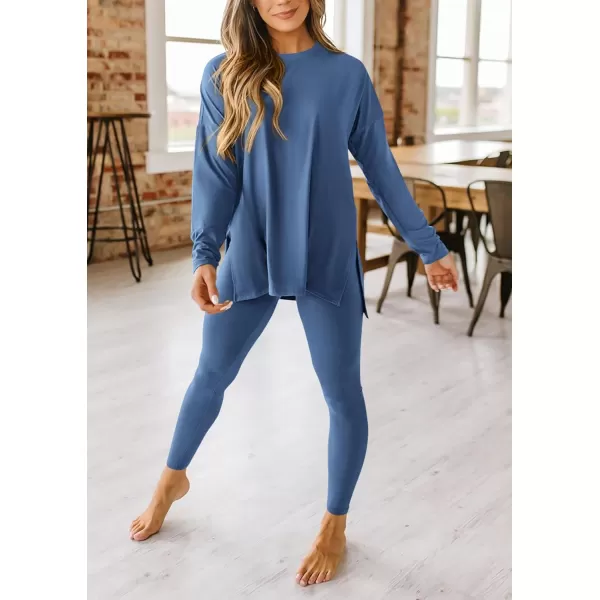 imagePRETTYGARDEN Womens Fall 2 Piece Outfits Casual Long Sleeve Tunic Tops Legging Pants Matching Lounge Sets SweatsuitsBlue