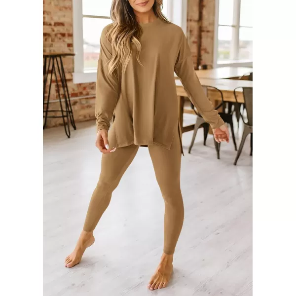 imagePRETTYGARDEN Womens Fall 2 Piece Outfits Casual Long Sleeve Tunic Tops Legging Pants Matching Lounge Sets SweatsuitsKhaki