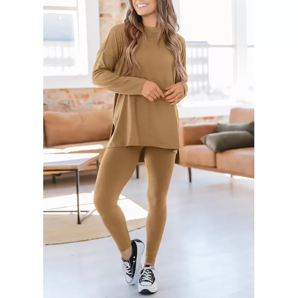 imagePRETTYGARDEN Womens Fall 2 Piece Outfits Casual Long Sleeve Tunic Tops Legging Pants Matching Lounge Sets SweatsuitsKhaki