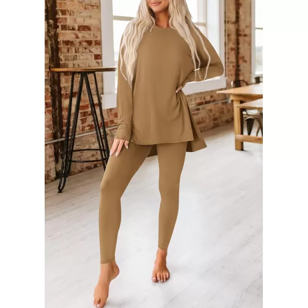 imagePRETTYGARDEN Womens Fall 2 Piece Outfits Casual Long Sleeve Tunic Tops Legging Pants Matching Lounge Sets SweatsuitsKhaki
