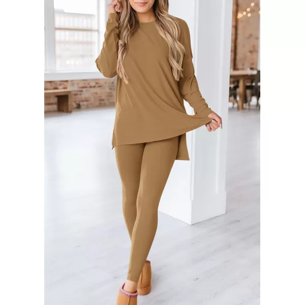 imagePRETTYGARDEN Womens Fall 2 Piece Outfits Casual Long Sleeve Tunic Tops Legging Pants Matching Lounge Sets SweatsuitsKhaki