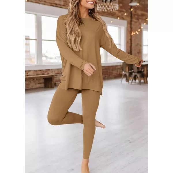 imagePRETTYGARDEN Womens Fall 2 Piece Outfits Casual Long Sleeve Tunic Tops Legging Pants Matching Lounge Sets SweatsuitsKhaki