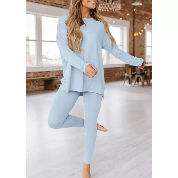 imagePRETTYGARDEN Womens Fall 2 Piece Outfits Casual Long Sleeve Tunic Tops Legging Pants Matching Lounge Sets SweatsuitsLight Blue