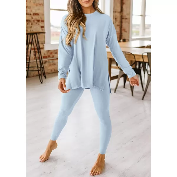 imagePRETTYGARDEN Womens Fall 2 Piece Outfits Casual Long Sleeve Tunic Tops Legging Pants Matching Lounge Sets SweatsuitsLight Blue