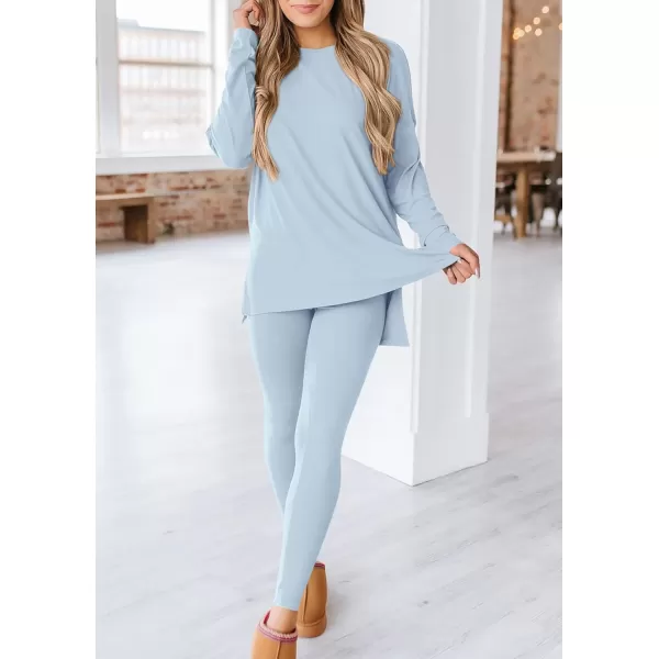 imagePRETTYGARDEN Womens Fall 2 Piece Outfits Casual Long Sleeve Tunic Tops Legging Pants Matching Lounge Sets SweatsuitsLight Blue