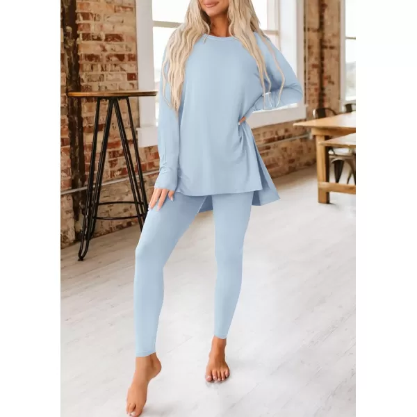 imagePRETTYGARDEN Womens Fall 2 Piece Outfits Casual Long Sleeve Tunic Tops Legging Pants Matching Lounge Sets SweatsuitsLight Blue