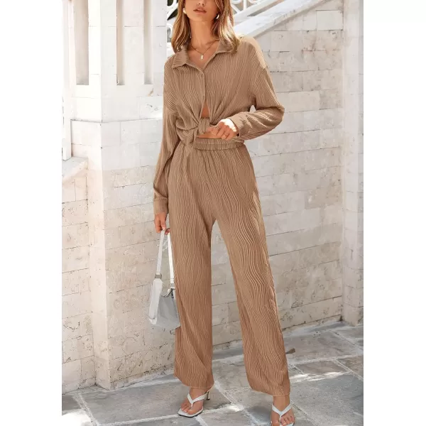 imagePRETTYGARDEN Womens Fall 2 Piece Textured Sets Casual Button Down Shirt Wide Leg Pants Outfit Loungewear TracksuitKhaki