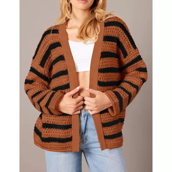 imagePRETTYGARDEN Womens Fall Striped Cardigan Sweaters Chunky Knit Long Sleeve Open Front Loose Fit Trendy Fashion OuterwearStriped Brown Black