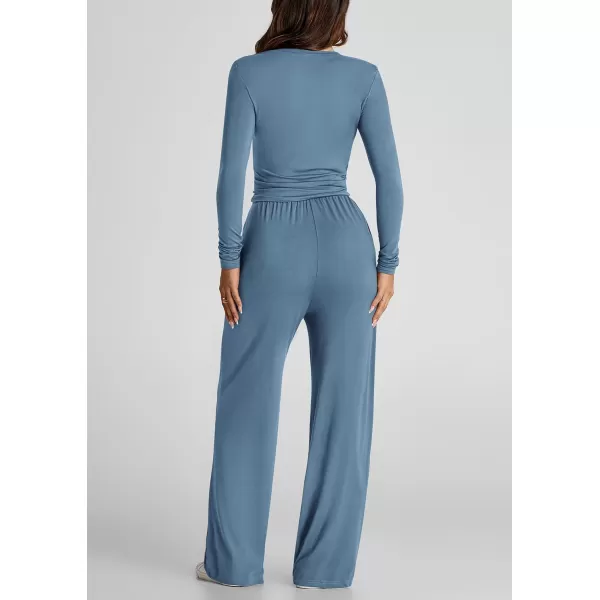 imagePRETTYGARDEN Womens Fall Two Piece Outfits Track Suits Long Sleeve Crop Tops Tee Shirts Wide Leg Pants Matching Lounge SetsMist Blue