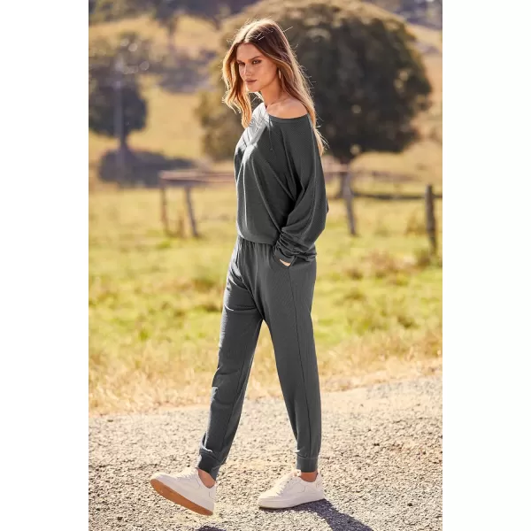imagePRETTYGARDEN Womens Fashion Outfits 2 Piece Sweatsuit Solid Color Long Sleeve Pullover Long PantsDark Grey