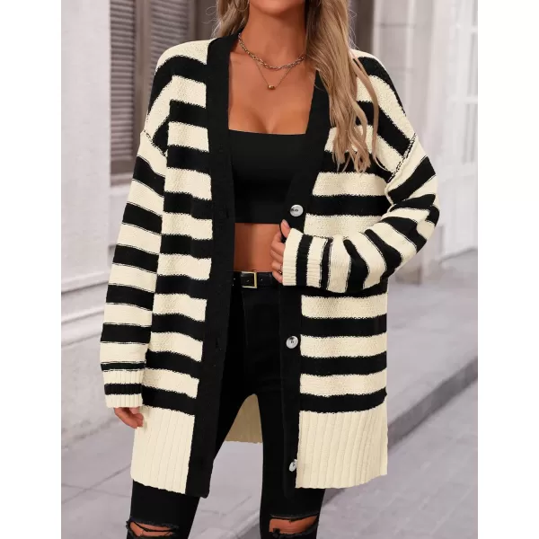 imagePRETTYGARDEN Womens Striped Cardigan Sweaters Long Sleeve Button Down Chunky Knit Oversized Fall Sweater CoatStriped Beige Black