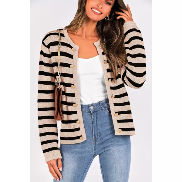imagePRETTYGARDEN Womens Striped Cardigan Sweaters Ribbed Knit Long Sleeve Open Front Crewneck Casual JacketsBeige