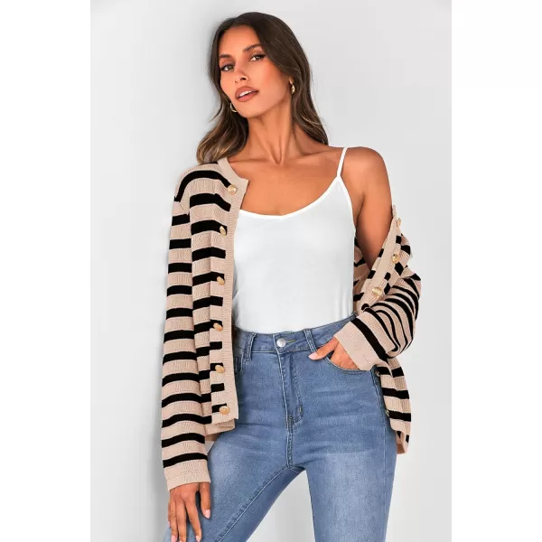 imagePRETTYGARDEN Womens Striped Cardigan Sweaters Ribbed Knit Long Sleeve Open Front Crewneck Casual JacketsBeige